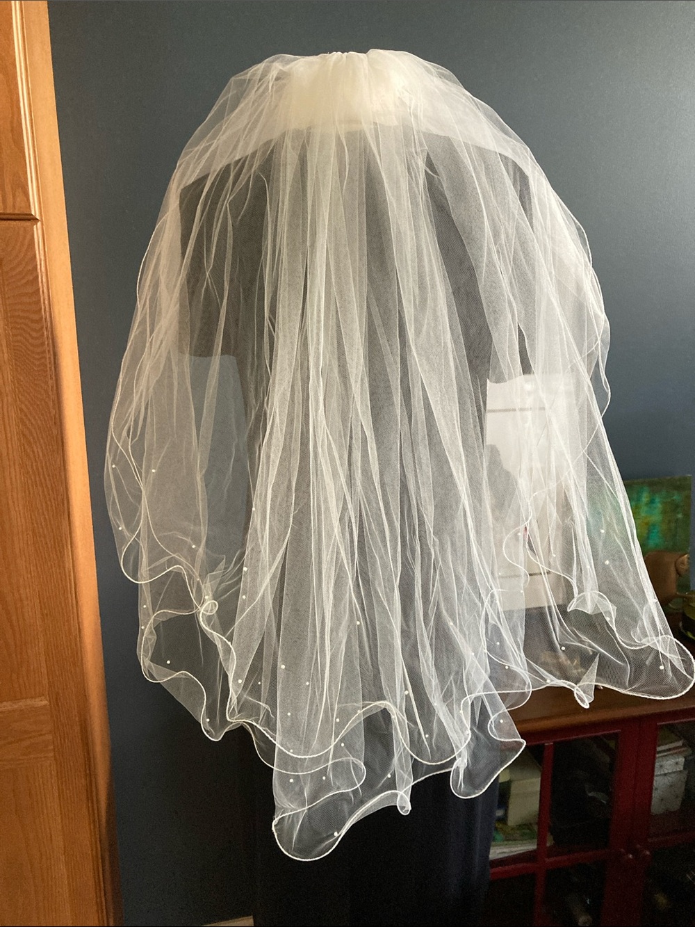 Ivory Bridal Veil with Pearl Edge. 37” Blusher Veil